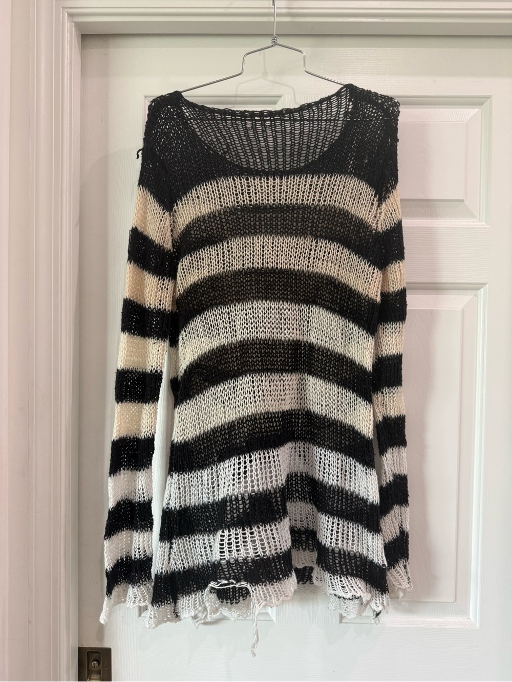 Off-the-Shoulder Striped Open-Knit Sweater - Black & White